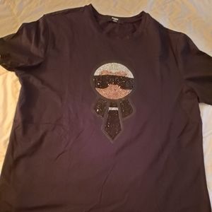 FENDI Karlito Embroidery Black Cotton T-Shirt F0Qa